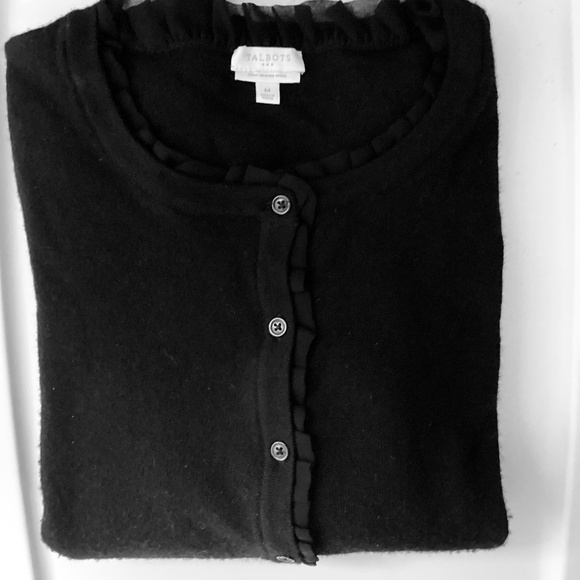 Talbots Pure Merino Wool Black cardigan sweater ruffled collar and front Med - Picture 10 of 10